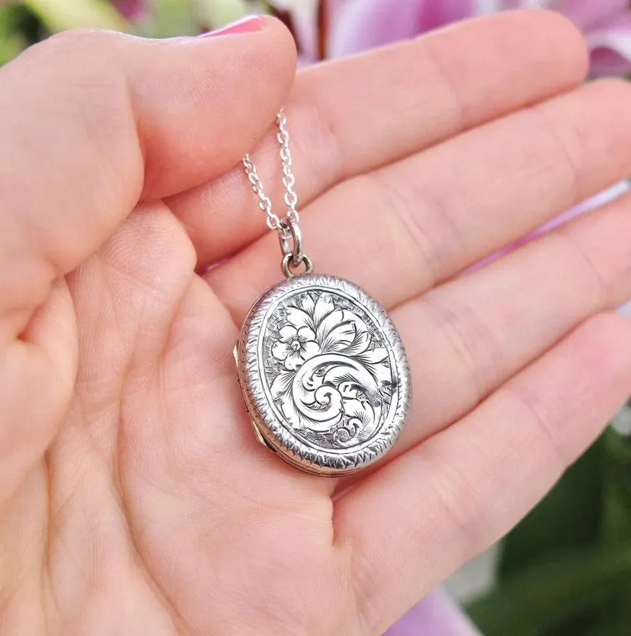 Antique Edwardian Engraved Silver Locket Necklace