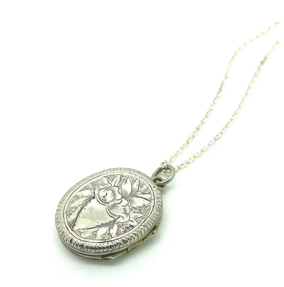 Antique Edwardian Engraved Silver Locket Necklace