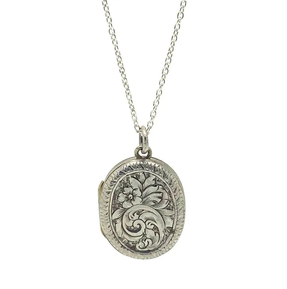 Antique Edwardian Engraved Silver Locket Necklace