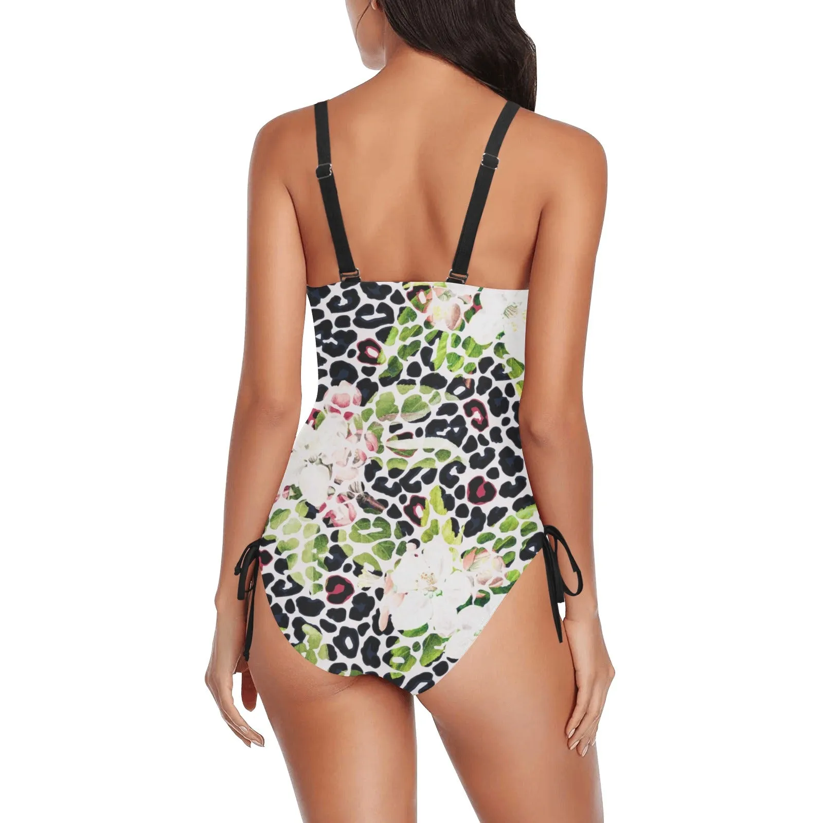 apple blossom leopard print Drawstring Side One-Piece Swimsuit (Model S14)