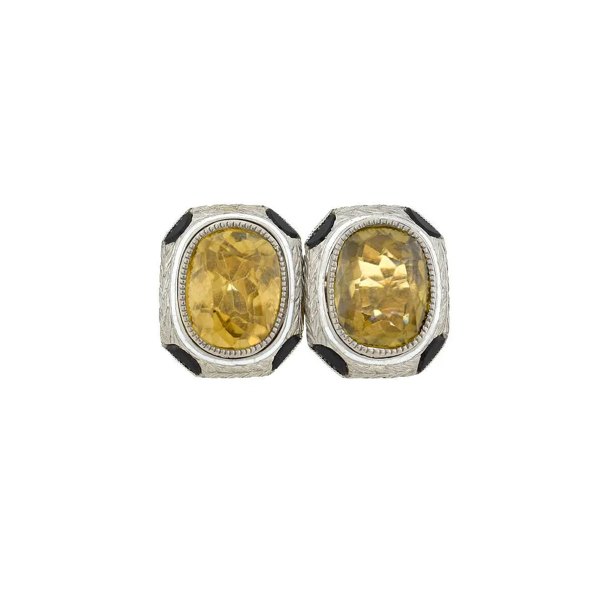 Art Deco 18kt White Enameled Citrine   Onyx Cufflinks