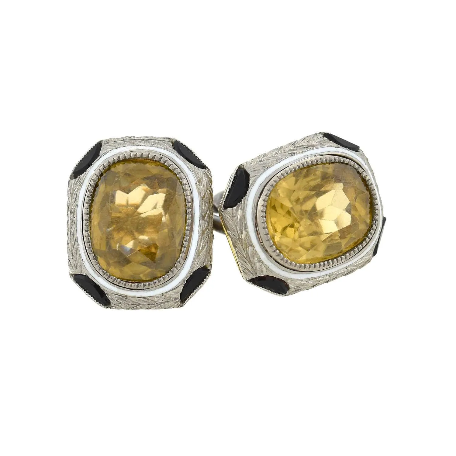 Art Deco 18kt White Enameled Citrine   Onyx Cufflinks