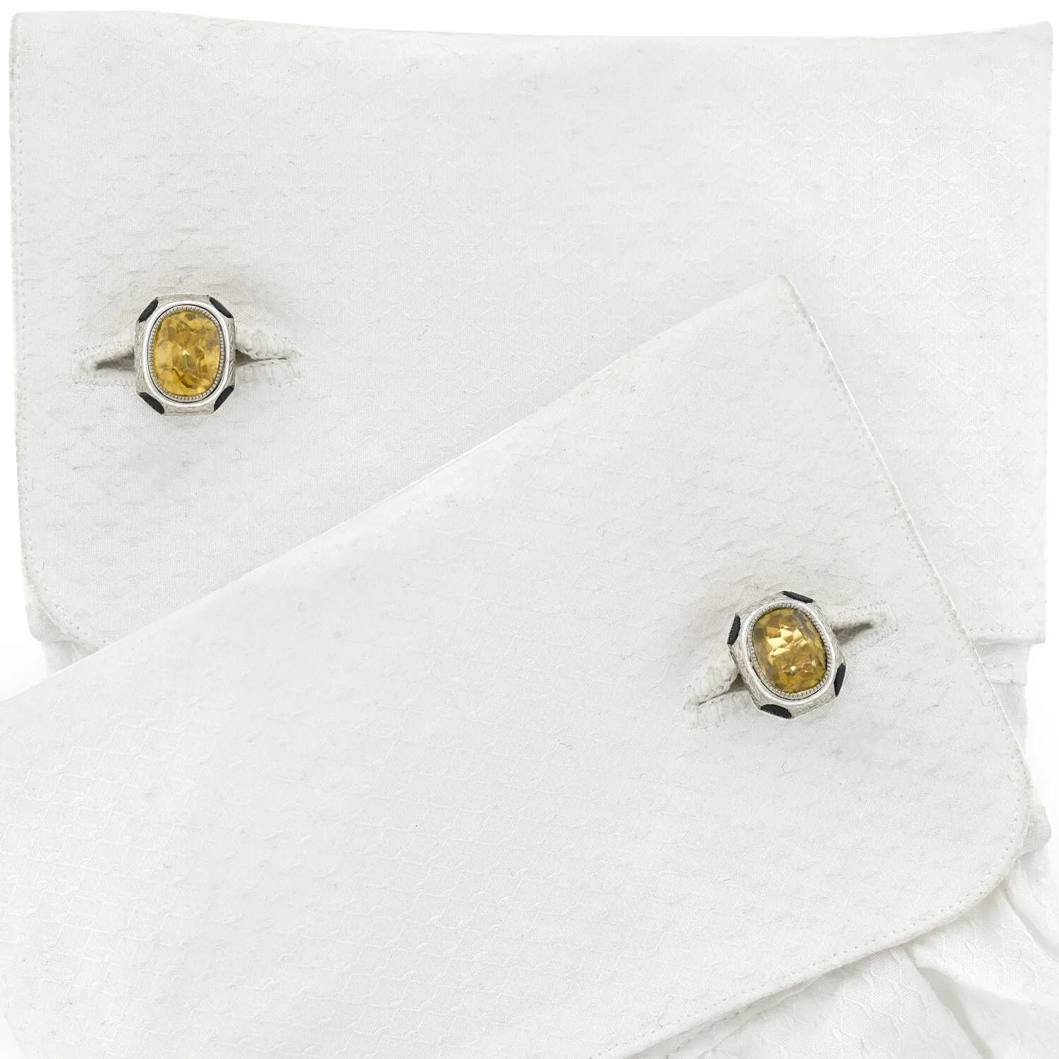 Art Deco 18kt White Enameled Citrine   Onyx Cufflinks