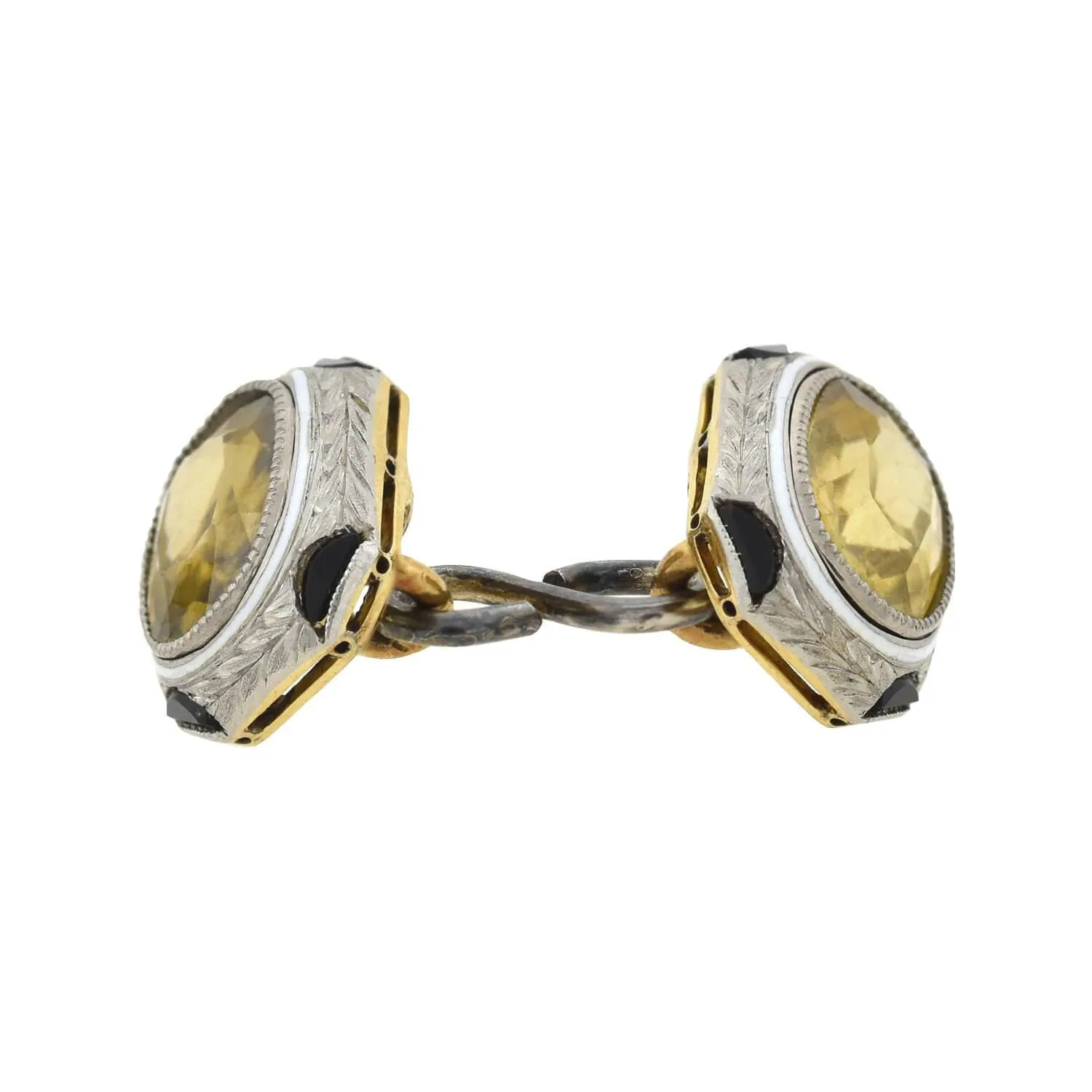 Art Deco 18kt White Enameled Citrine   Onyx Cufflinks