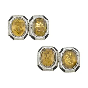 Art Deco 18kt White Enameled Citrine   Onyx Cufflinks