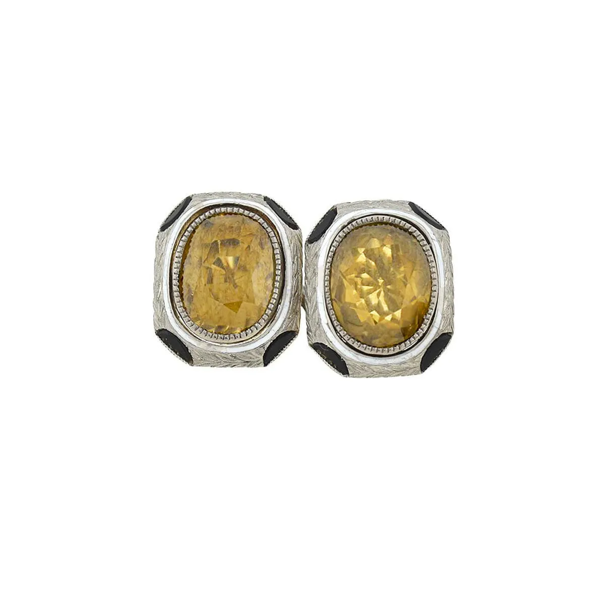 Art Deco 18kt White Enameled Citrine   Onyx Cufflinks