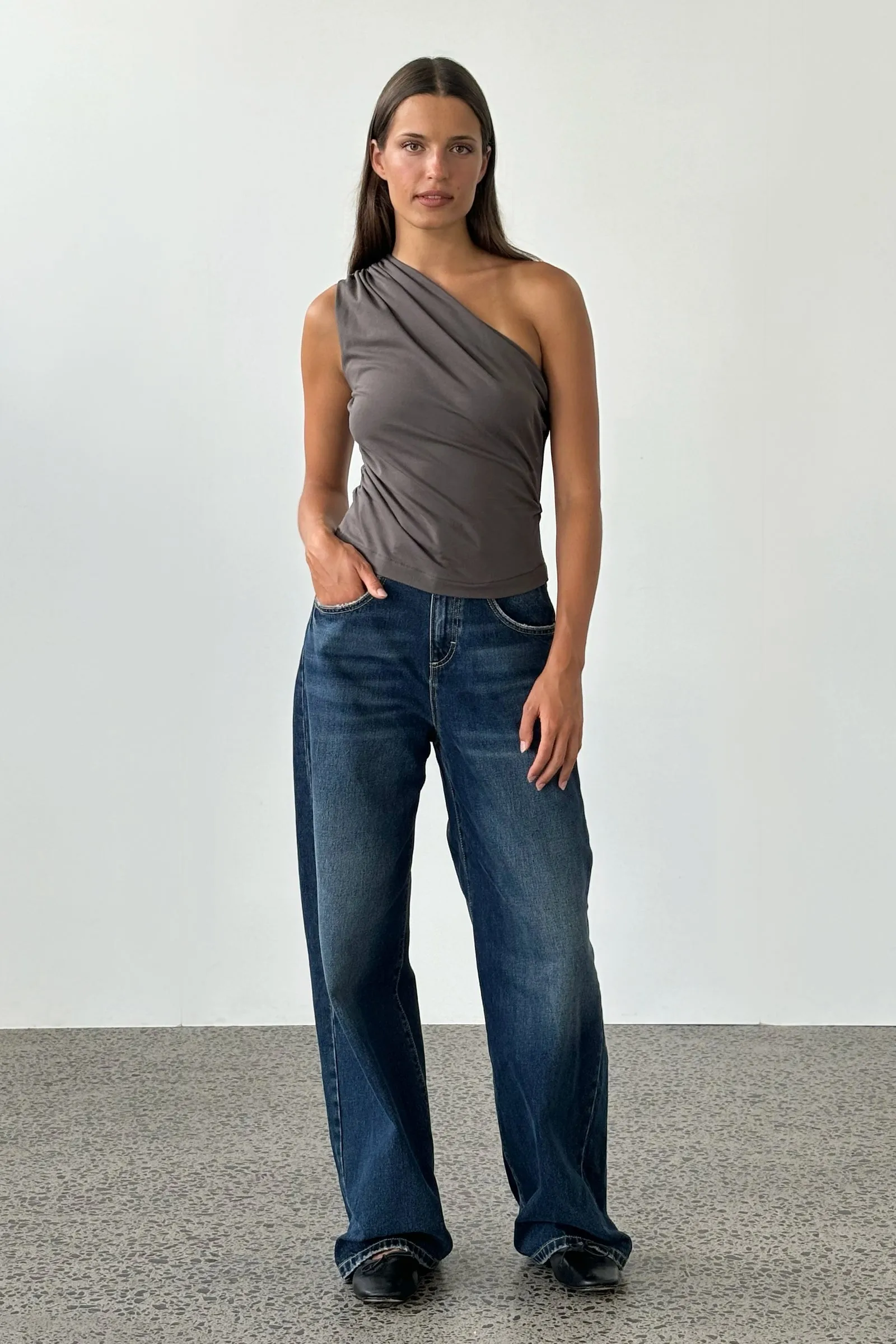 Asymmetric Warp Top in Charcoal