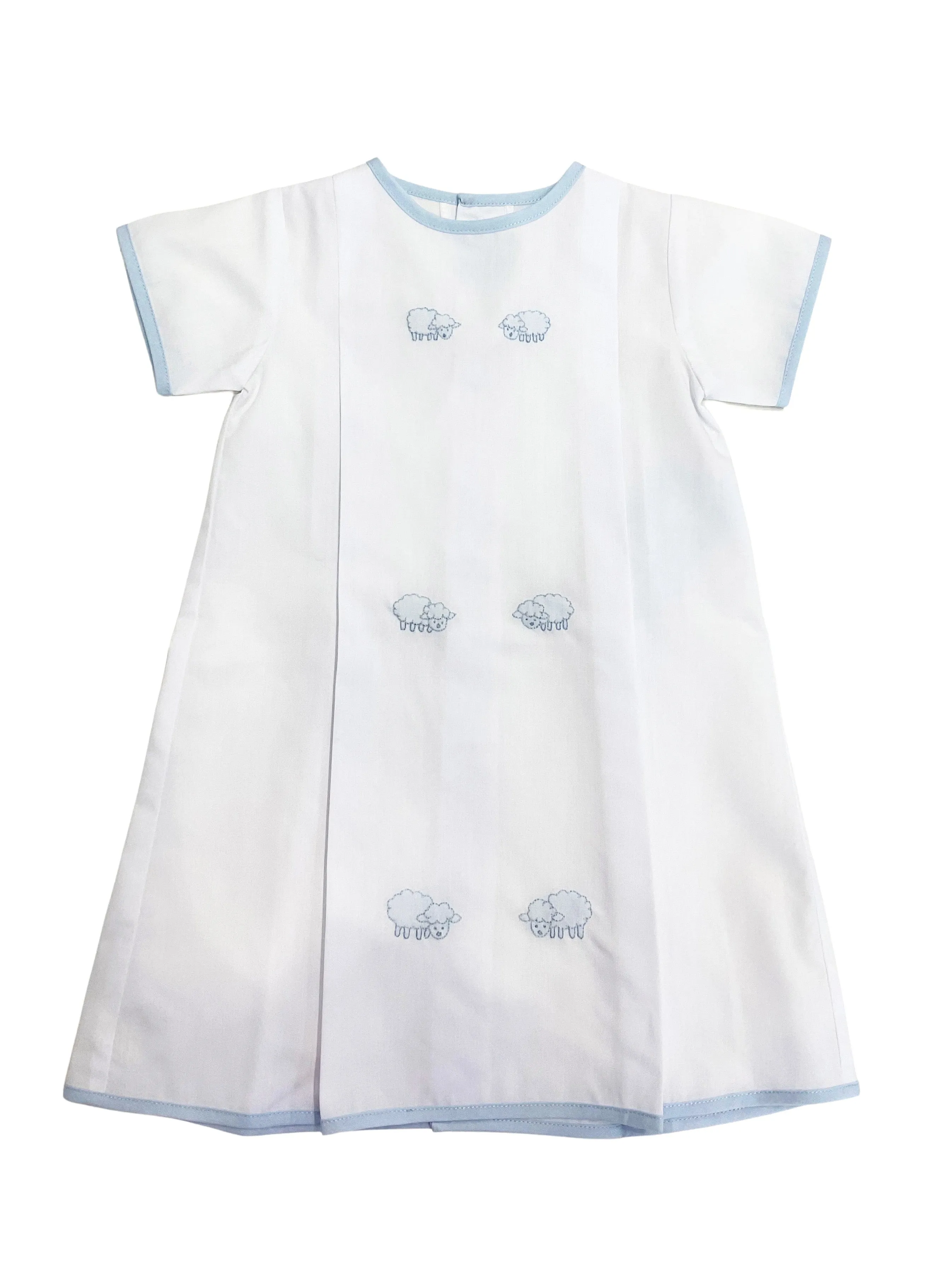 Auraluz Embroidered Day Gown, White with Blue Row of Lambs