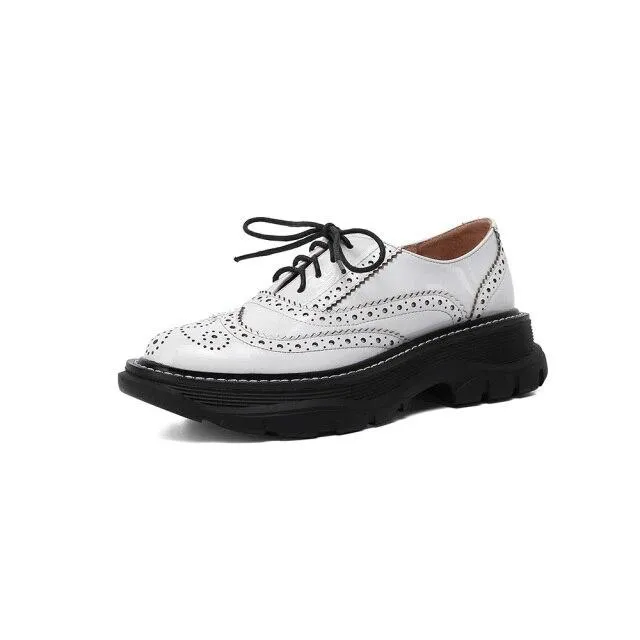 Autumn Spring Women's Leather Round Toe Lace-up Oxford Brogue Derby Shoes