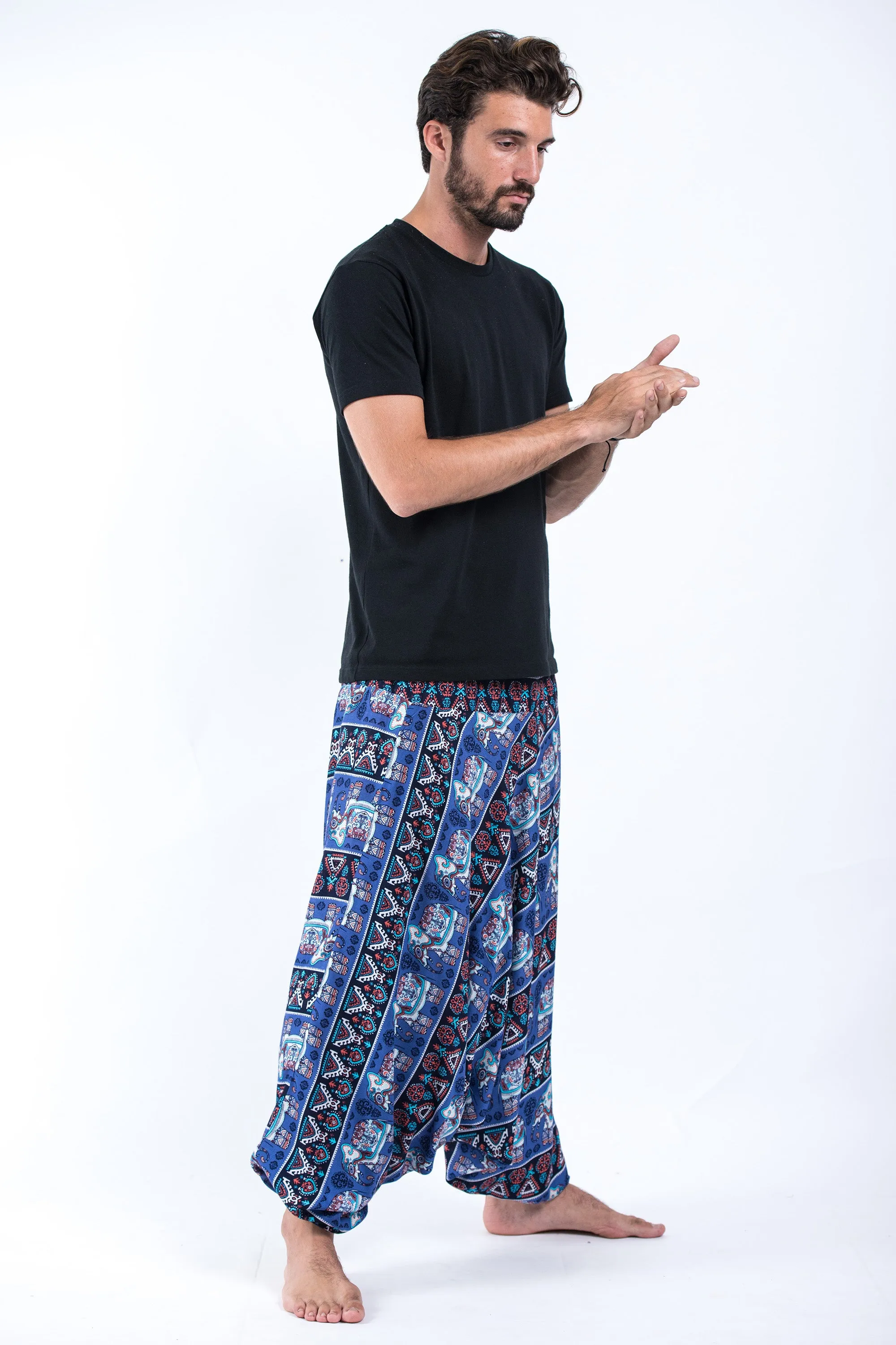 Aztec Elephant Drop Crotch Men's Elephant Pants in Blue