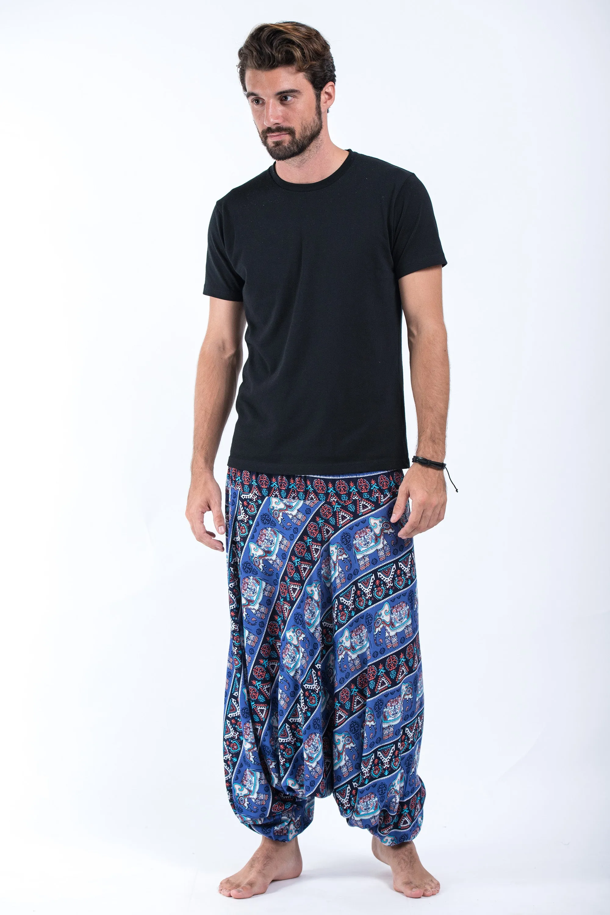 Aztec Elephant Drop Crotch Men's Elephant Pants in Blue