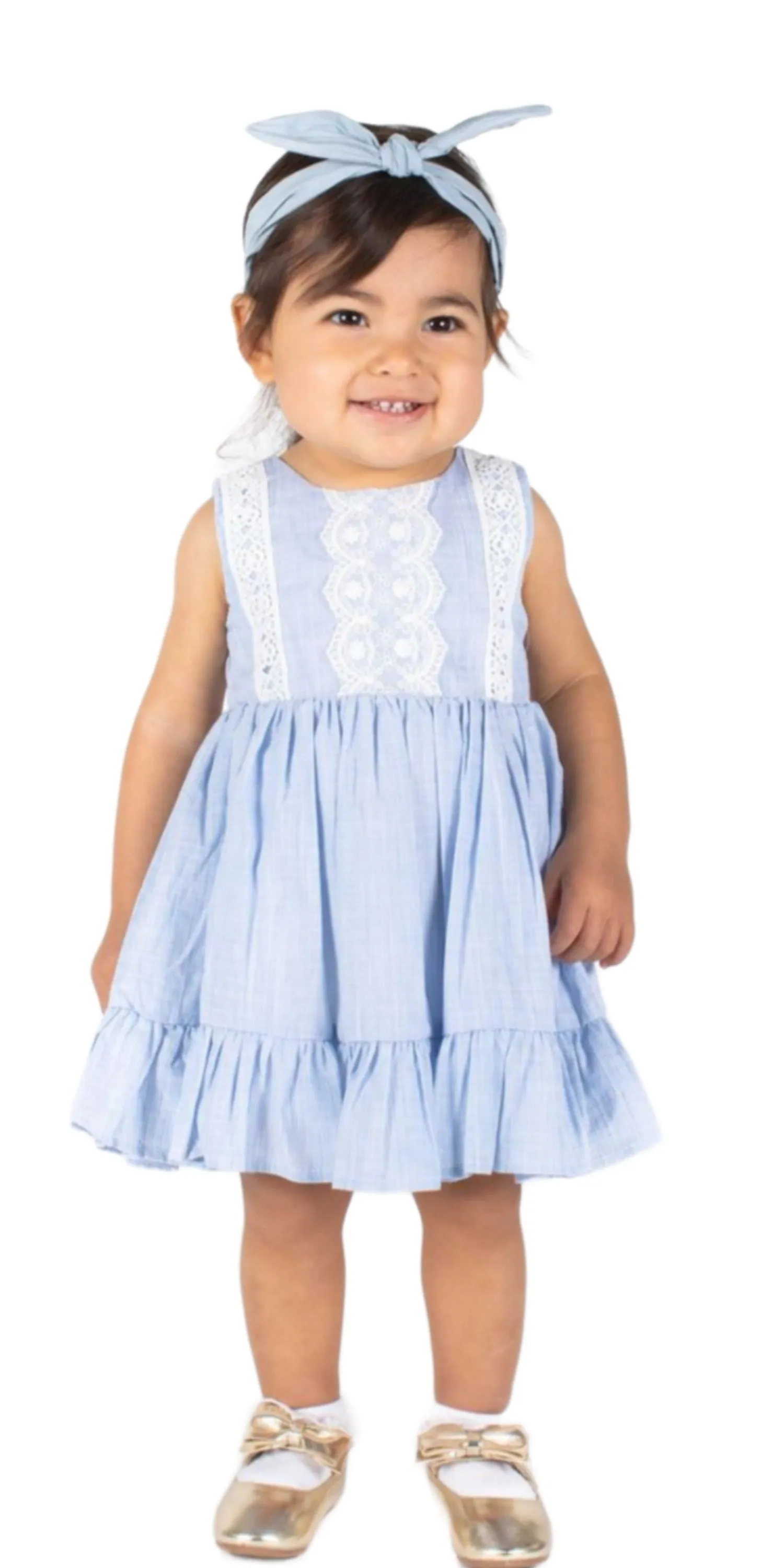 Baby Girl's Light Blue Stripe Prairie Dress with Lace Embellishments