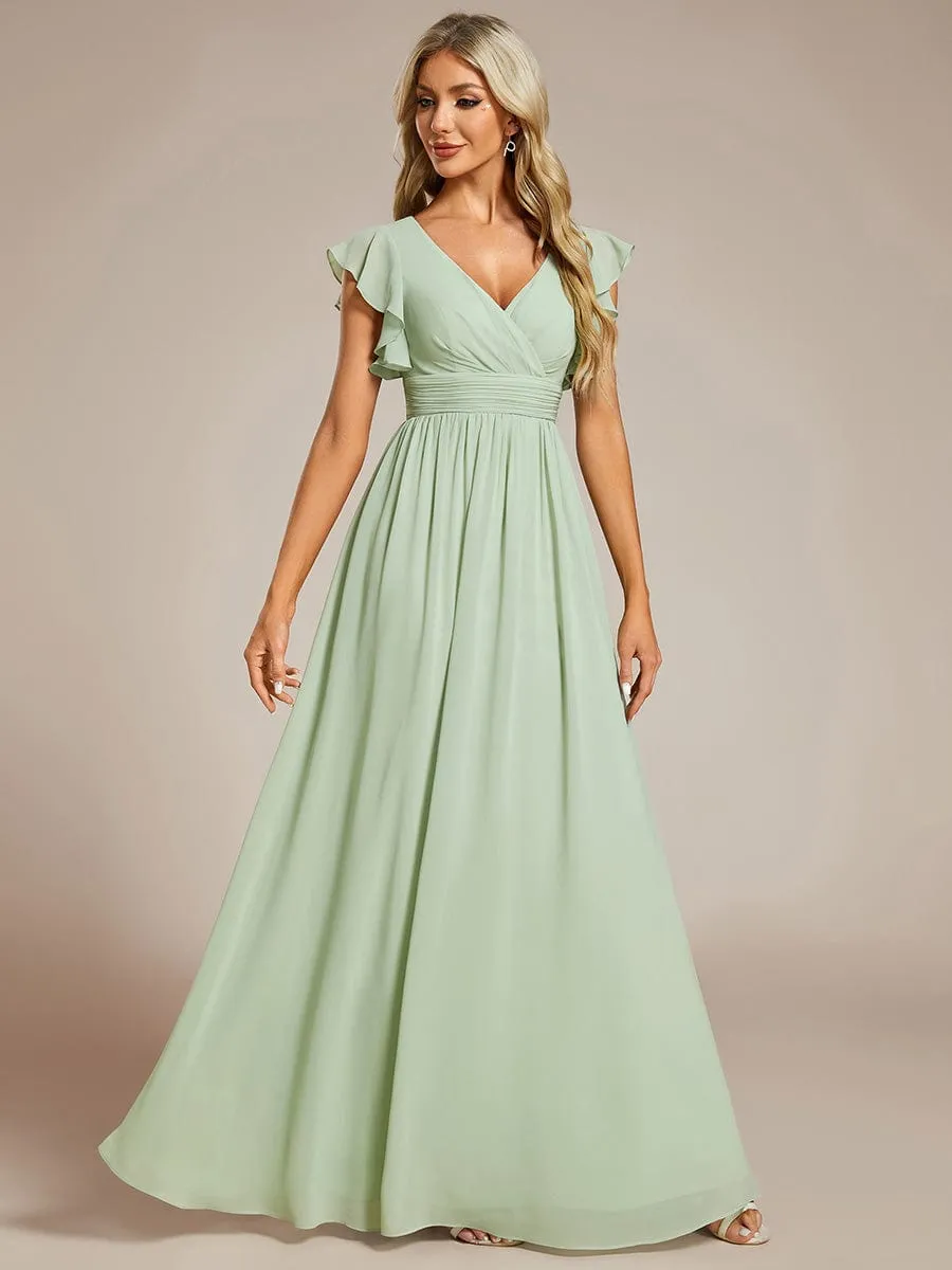 Back Cutout A-Line Pleated Ruffles Sleeve Chiffon Bridesmaid Dress