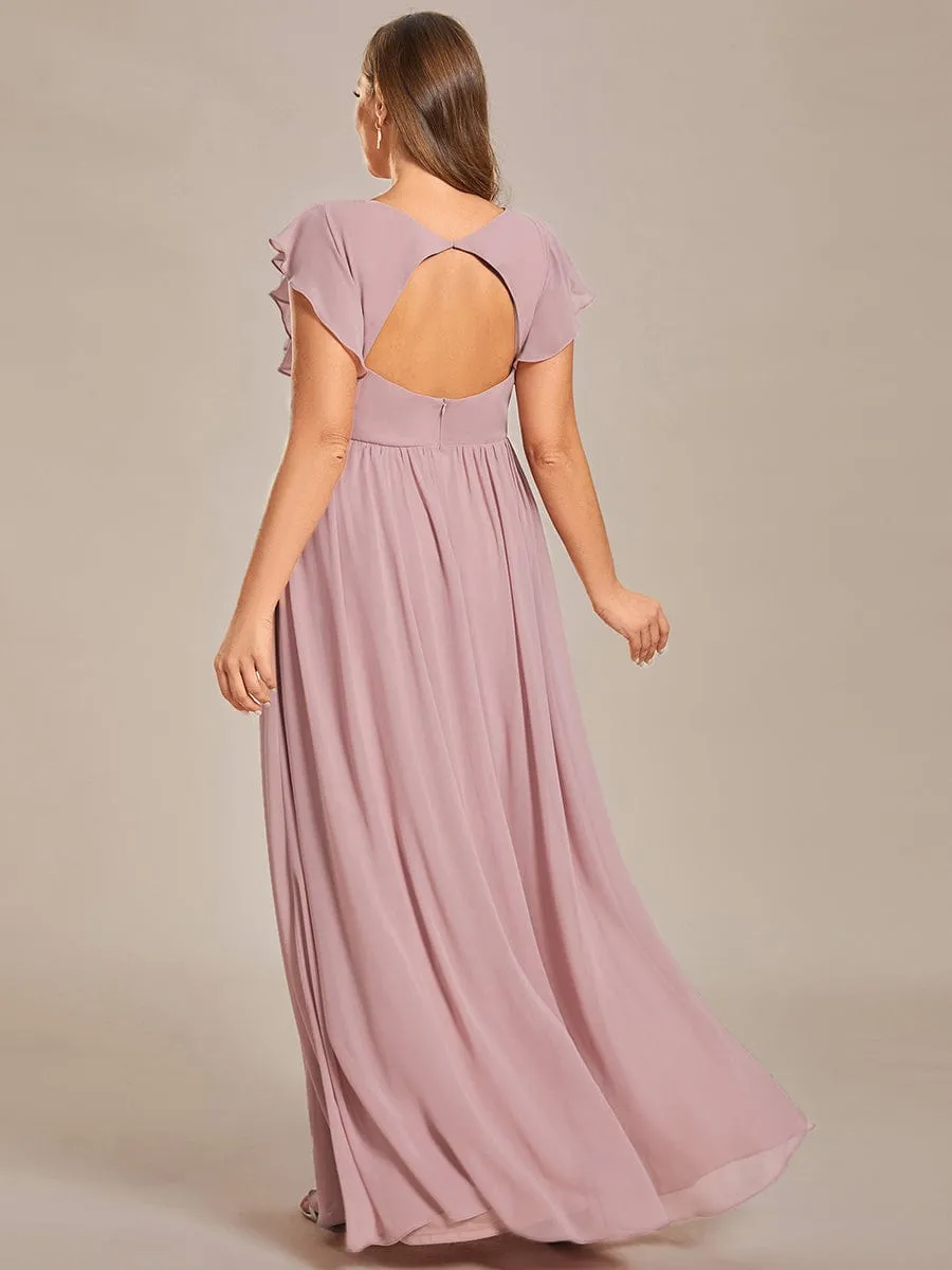 Back Cutout A-Line Pleated Ruffles Sleeve Chiffon Bridesmaid Dress