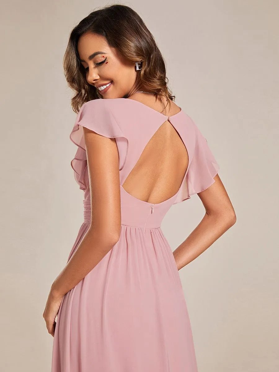 Back Cutout A-Line Pleated Ruffles Sleeve Chiffon Bridesmaid Dress