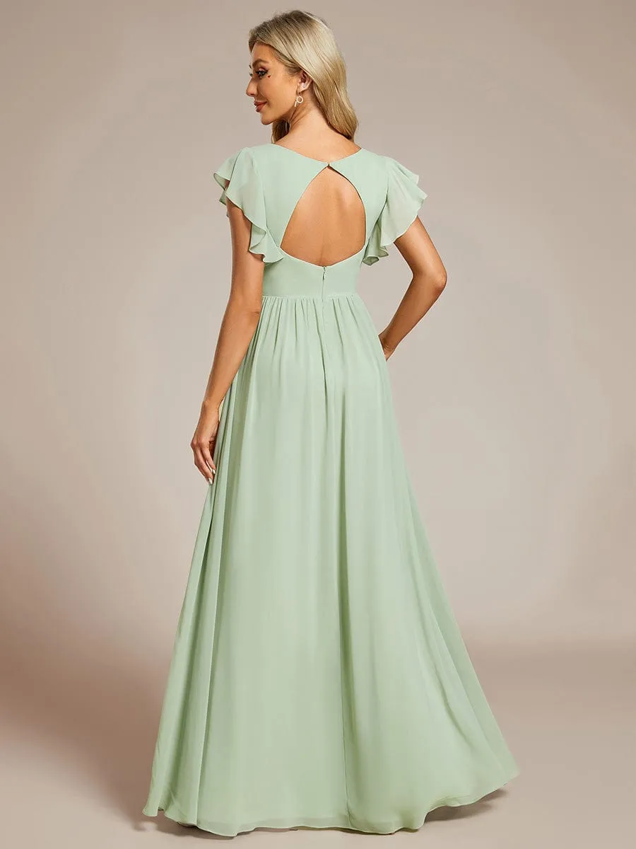 Back Cutout A-Line Pleated Ruffles Sleeve Chiffon Bridesmaid Dress