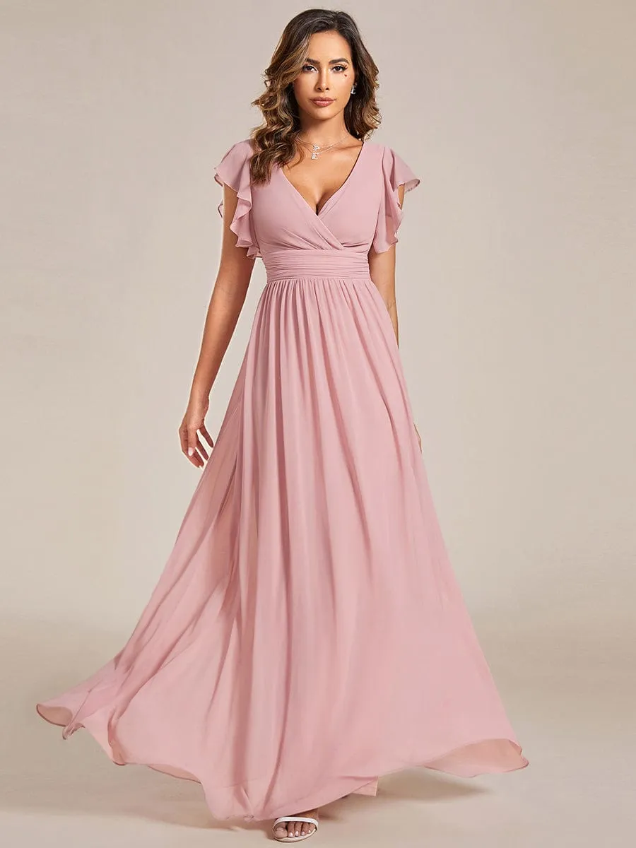 Back Cutout A-Line Pleated Ruffles Sleeve Chiffon Bridesmaid Dress