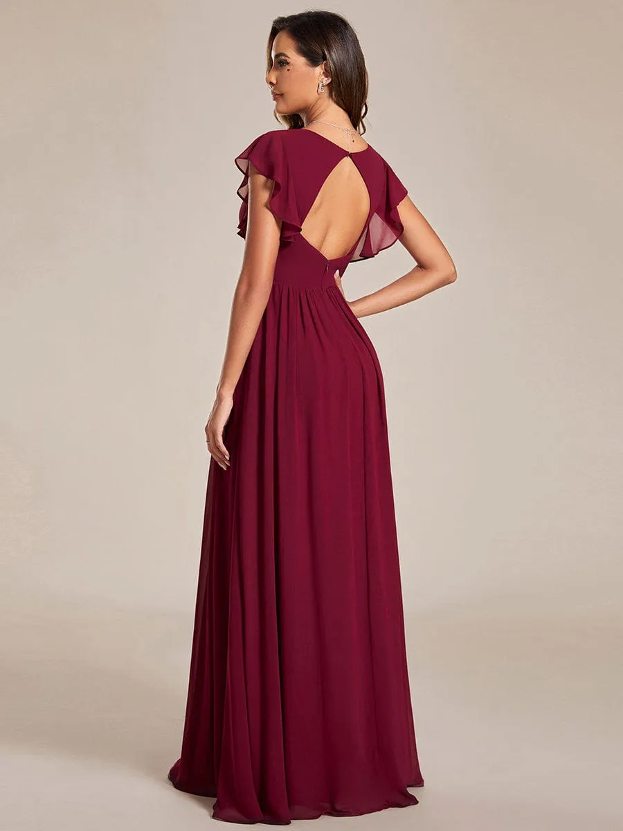 Back Cutout A-Line Pleated Ruffles Sleeve Chiffon Bridesmaid Dress