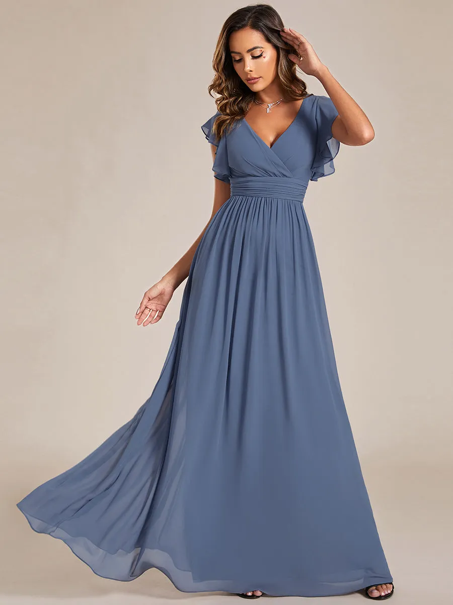 Back Cutout A-Line Pleated Ruffles Sleeve Chiffon Bridesmaid Dress