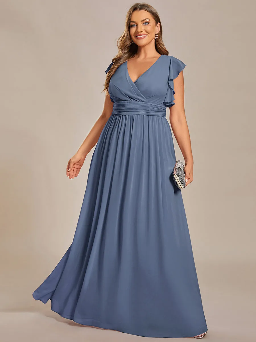 Back Cutout A-Line Pleated Ruffles Sleeve Chiffon Bridesmaid Dress