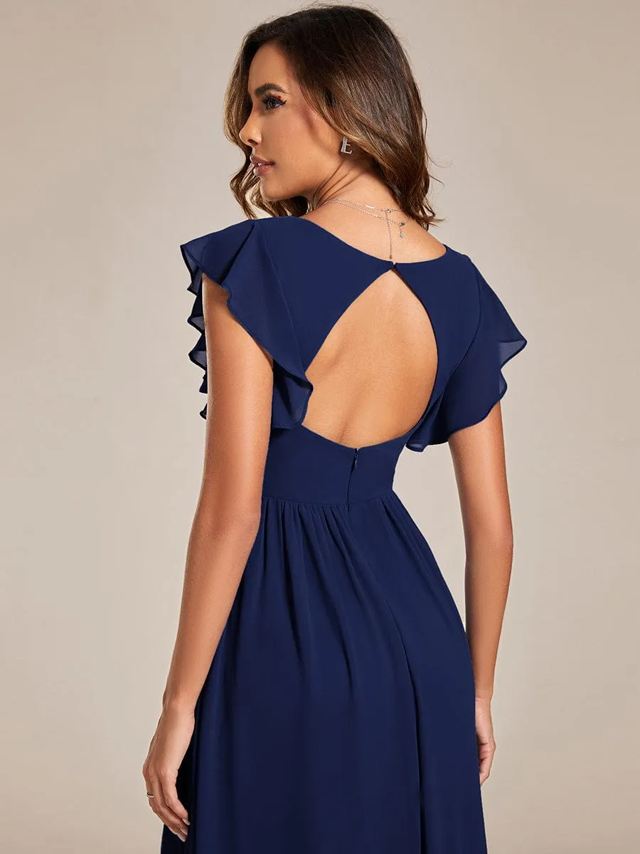 Back Cutout A-Line Pleated Ruffles Sleeve Chiffon Bridesmaid Dress