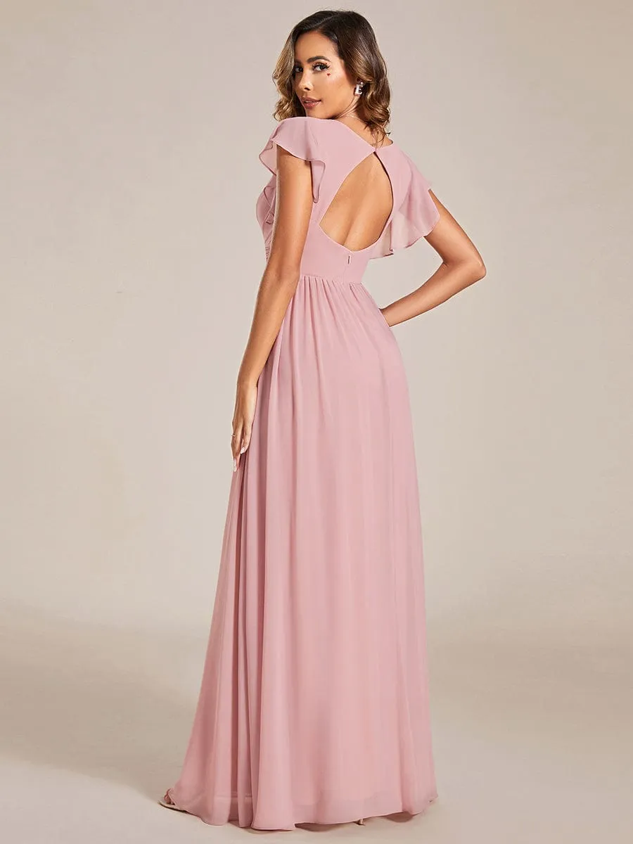 Back Cutout A-Line Pleated Ruffles Sleeve Chiffon Bridesmaid Dress