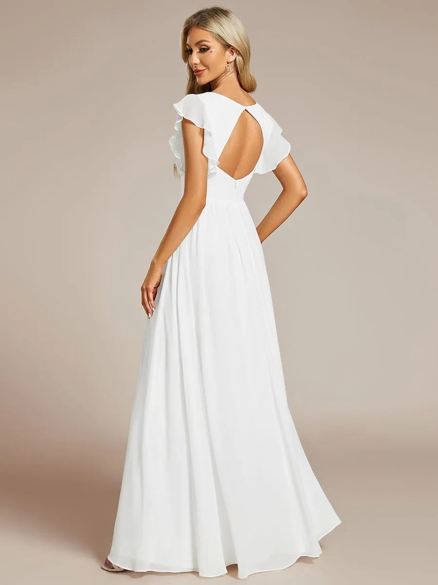 Back Cutout A-Line Pleated Ruffles Sleeve Chiffon Bridesmaid Dress