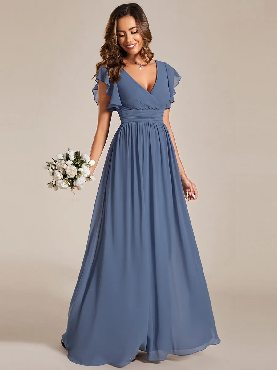 Back Cutout A-Line Pleated Ruffles Sleeve Chiffon Bridesmaid Dress