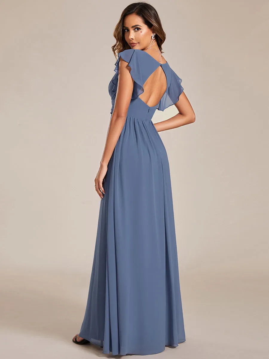 Back Cutout A-Line Pleated Ruffles Sleeve Chiffon Bridesmaid Dress