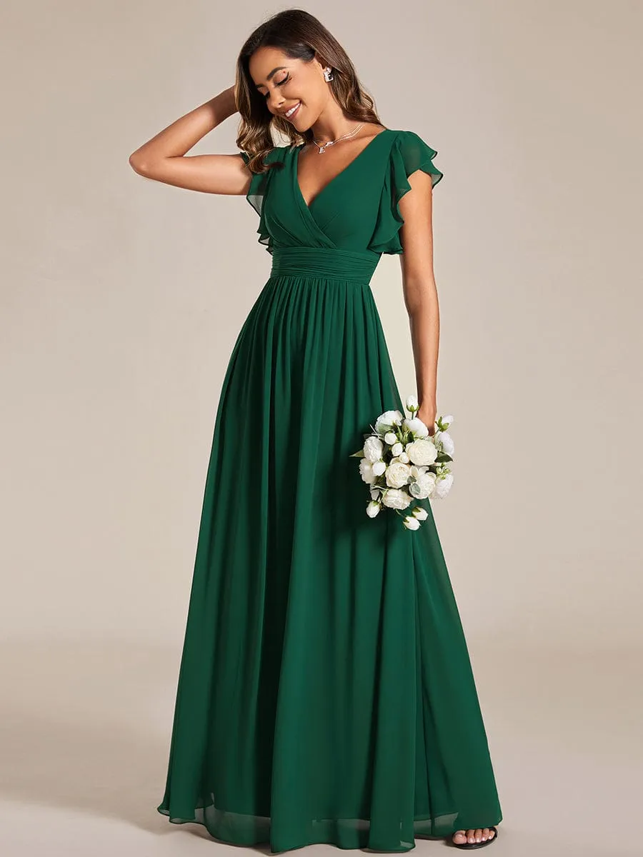 Back Cutout A-Line Pleated Ruffles Sleeve Chiffon Bridesmaid Dress