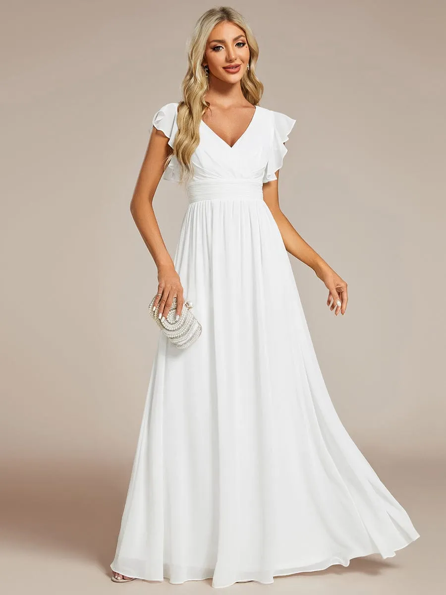 Back Cutout A-Line Pleated Ruffles Sleeve Chiffon Bridesmaid Dress