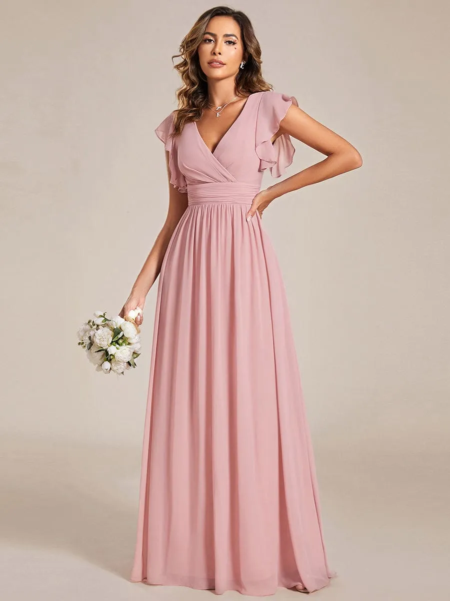 Back Cutout A-Line Pleated Ruffles Sleeve Chiffon Bridesmaid Dress