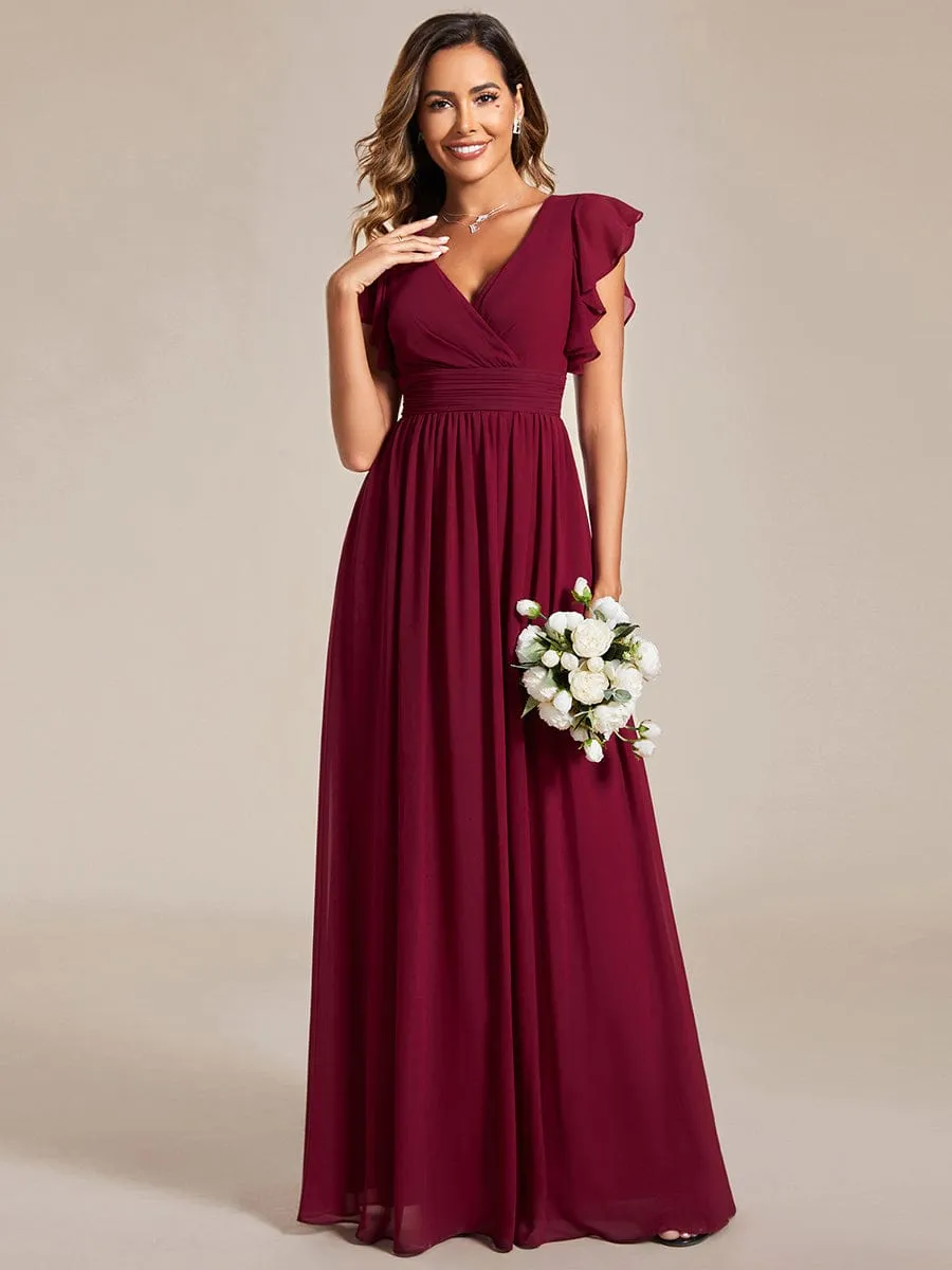 Back Cutout A-Line Pleated Ruffles Sleeve Chiffon Bridesmaid Dress