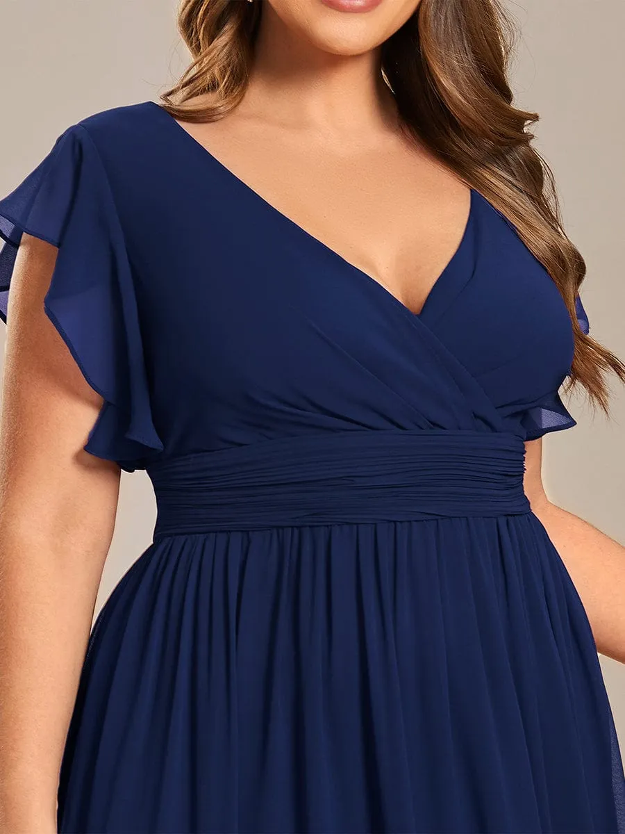 Back Cutout A-Line Pleated Ruffles Sleeve Chiffon Bridesmaid Dress