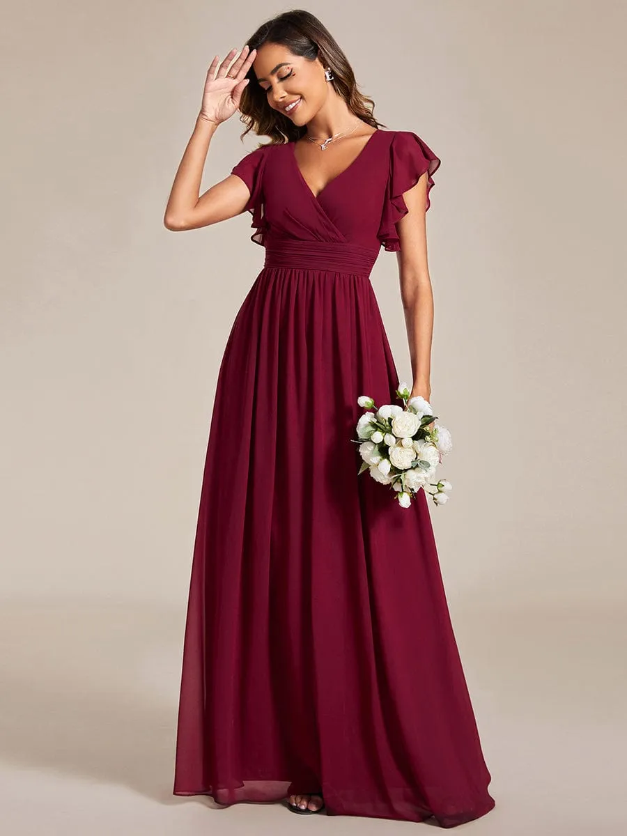 Back Cutout A-Line Pleated Ruffles Sleeve Chiffon Bridesmaid Dress