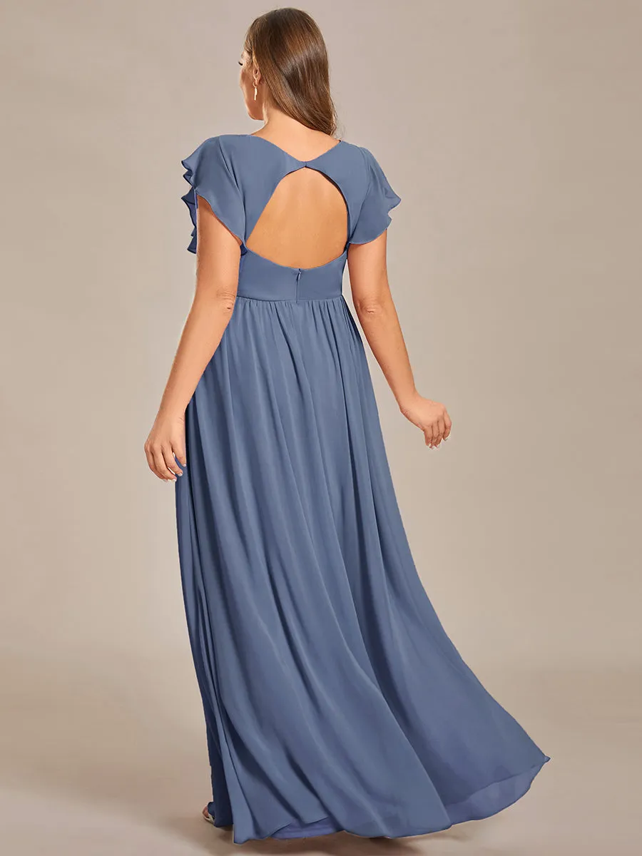 Back Cutout A-Line Pleated Ruffles Sleeve Chiffon Bridesmaid Dress