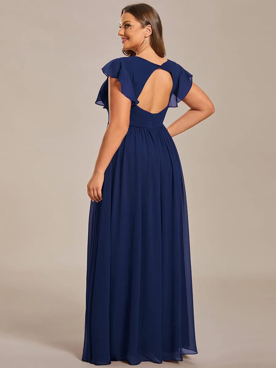 Back Cutout A-Line Pleated Ruffles Sleeve Chiffon Bridesmaid Dress