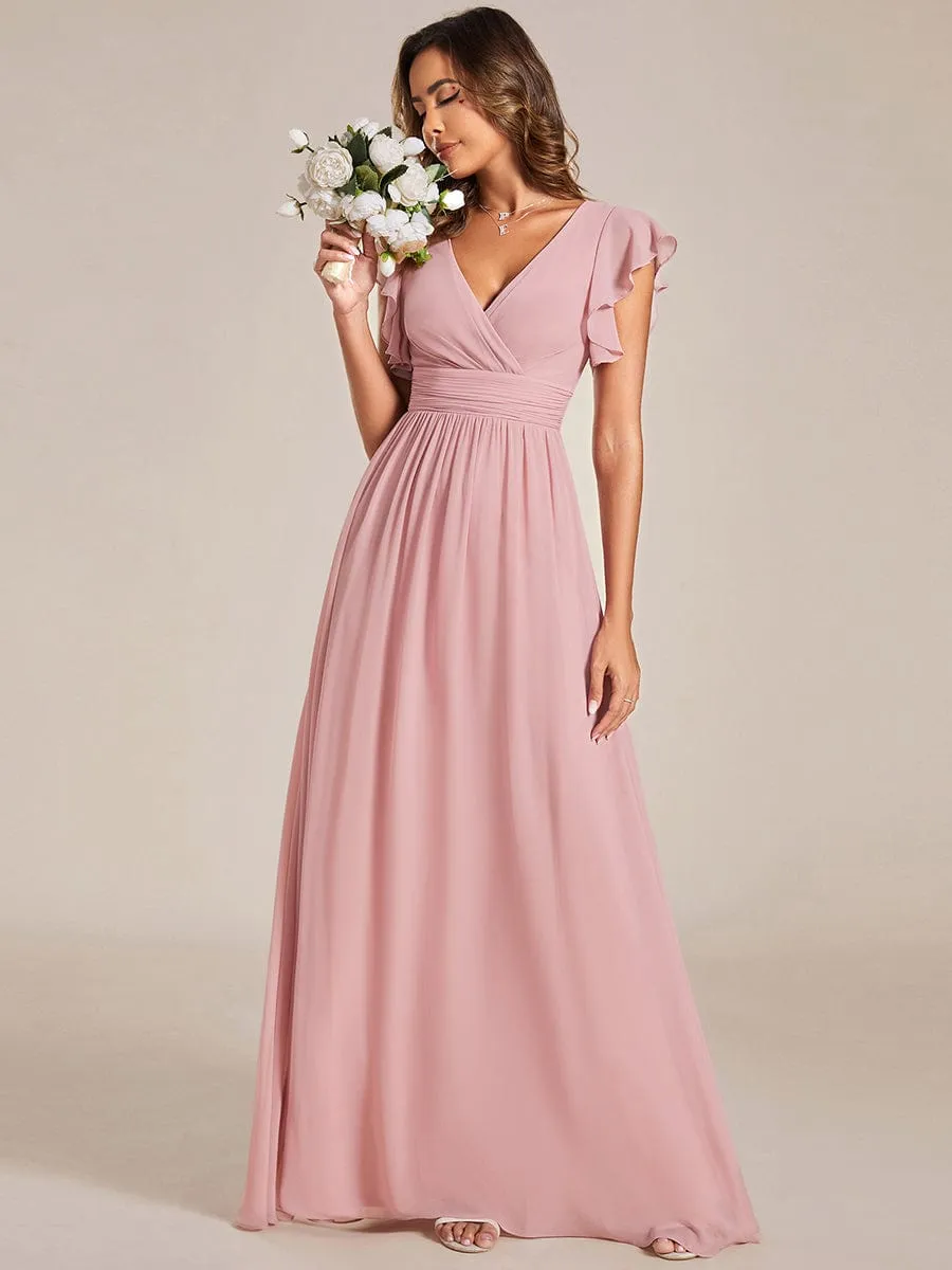 Back Cutout A-Line Pleated Ruffles Sleeve Chiffon Bridesmaid Dress