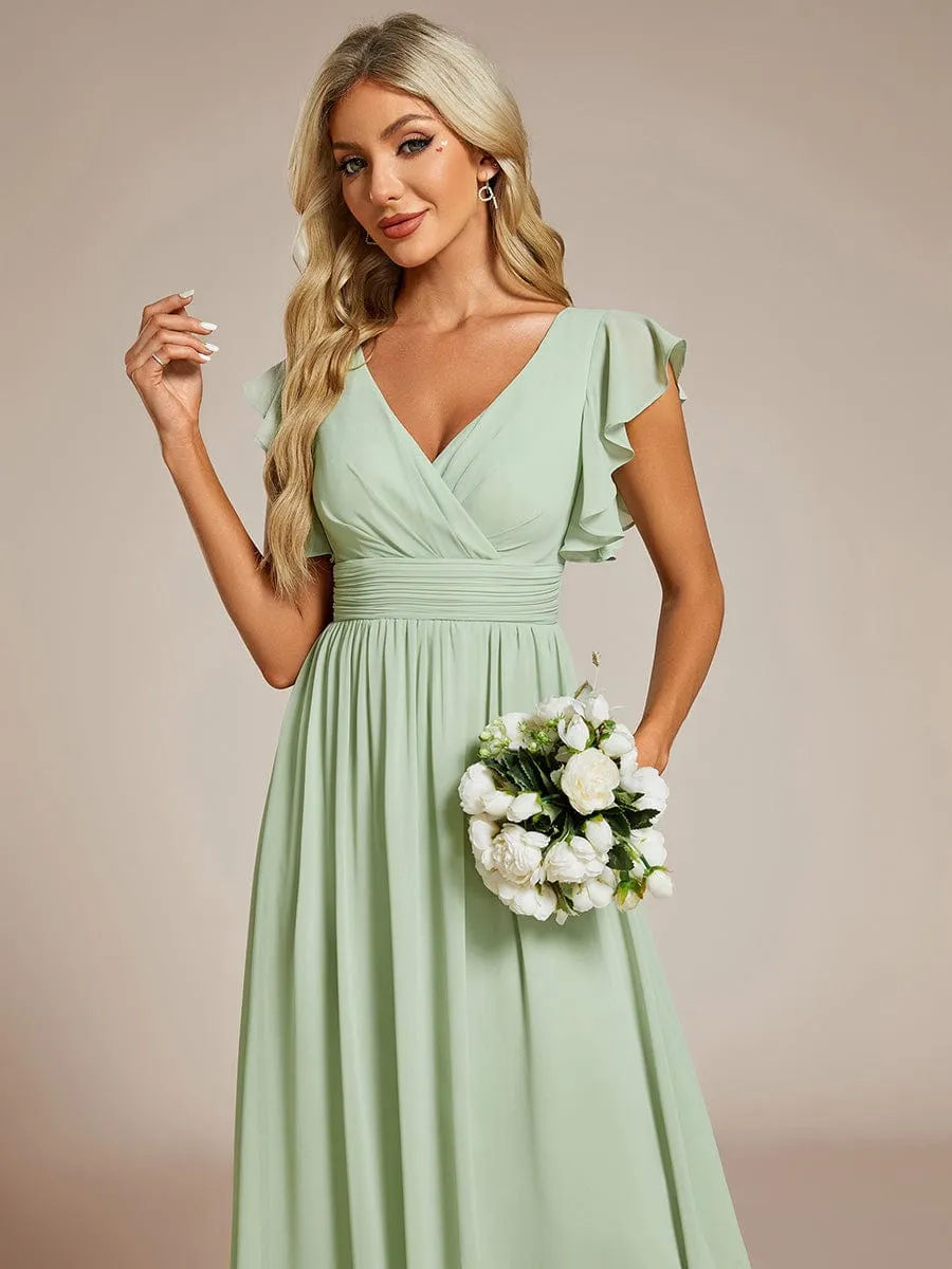 Back Cutout A-Line Pleated Ruffles Sleeve Chiffon Bridesmaid Dress