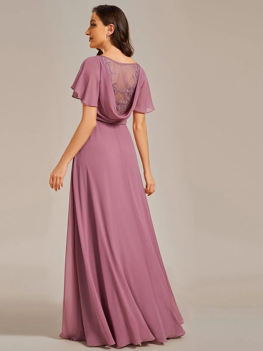 Back See-Through Swing Collar Applique Ruffles Sleeve A-Line Evening Dress