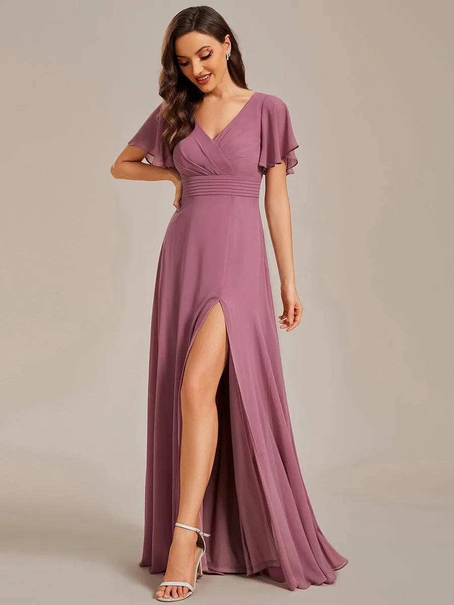 Back See-Through Swing Collar Applique Ruffles Sleeve A-Line Evening Dress