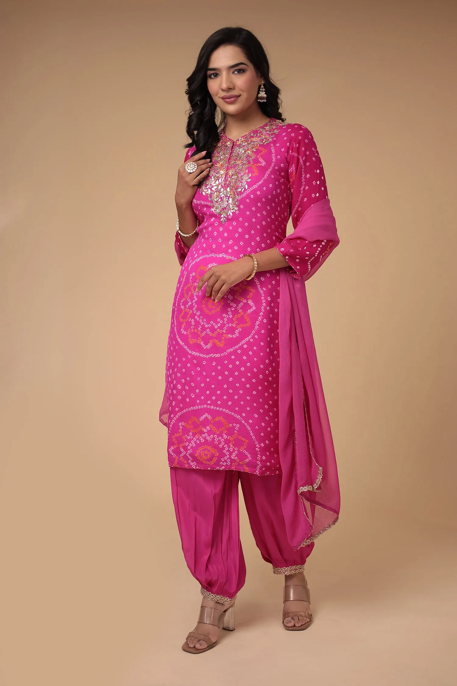 Bandhej Georgette Suit Embroidered with Gota Patti work