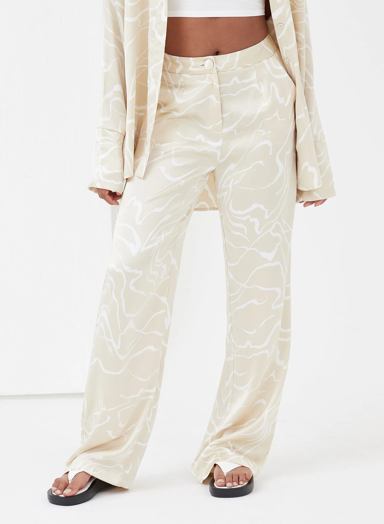 Beige Abstract Line Satin Trousers - Norma