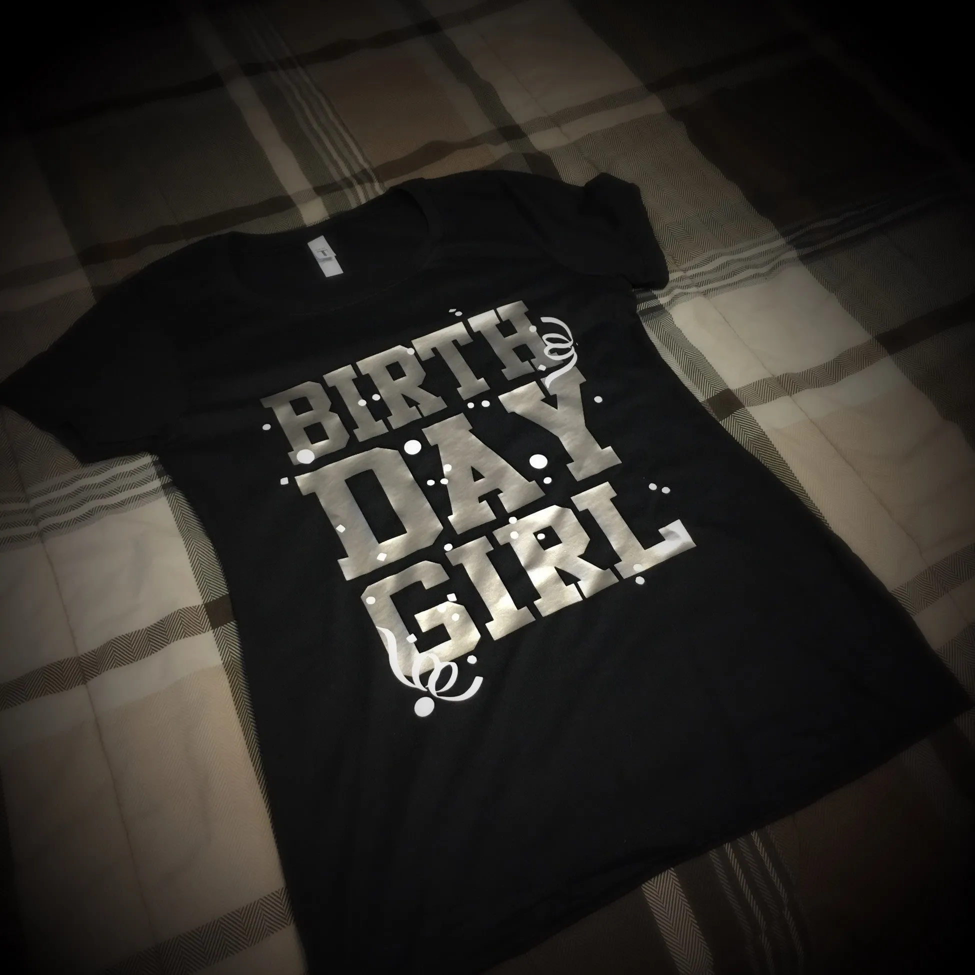 Birthday Girl T-Shirt (Black with Silver and White Graphics)