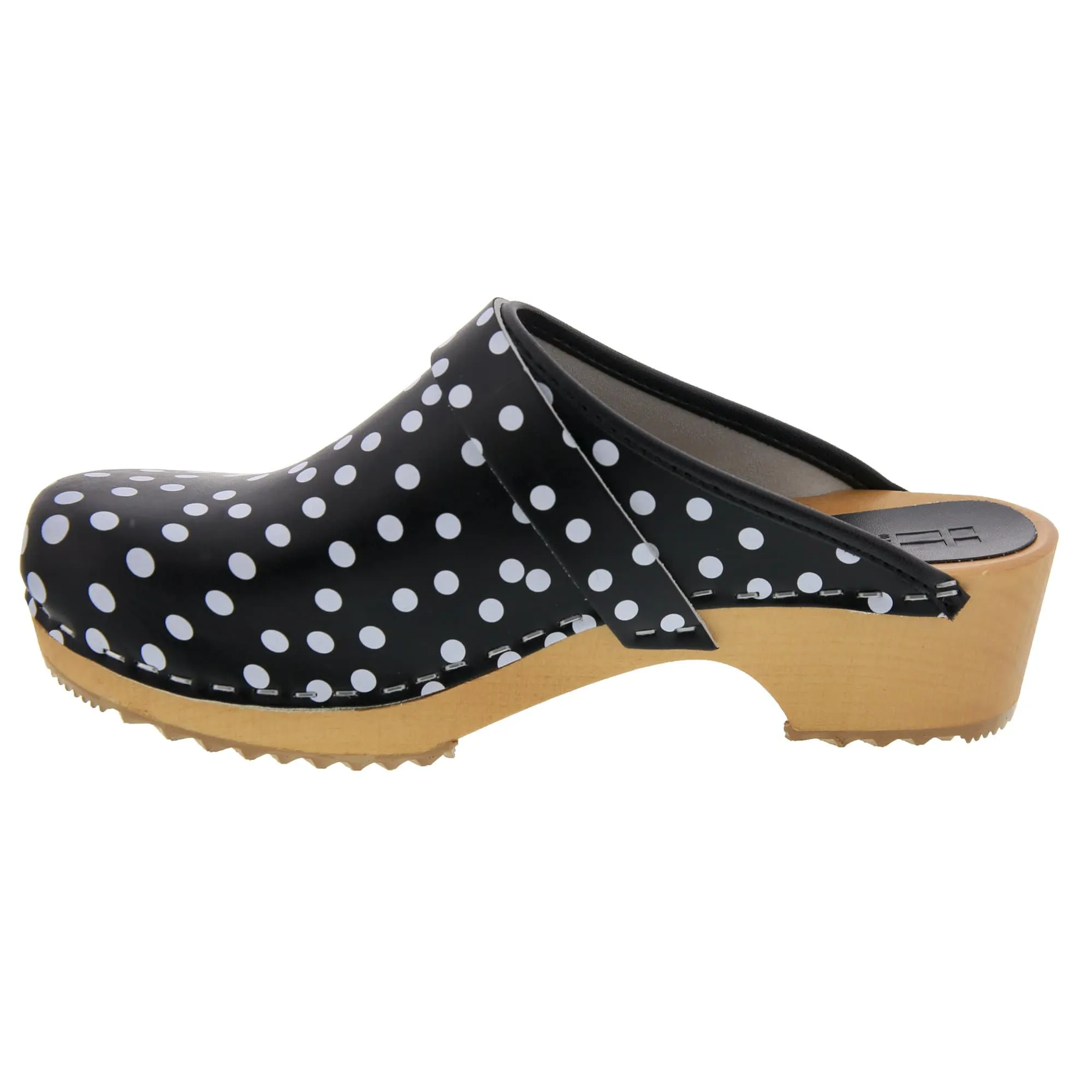 BJORK Emma Wood Open Back Black Polka Dots Leather Clogs - CLOSEOUT