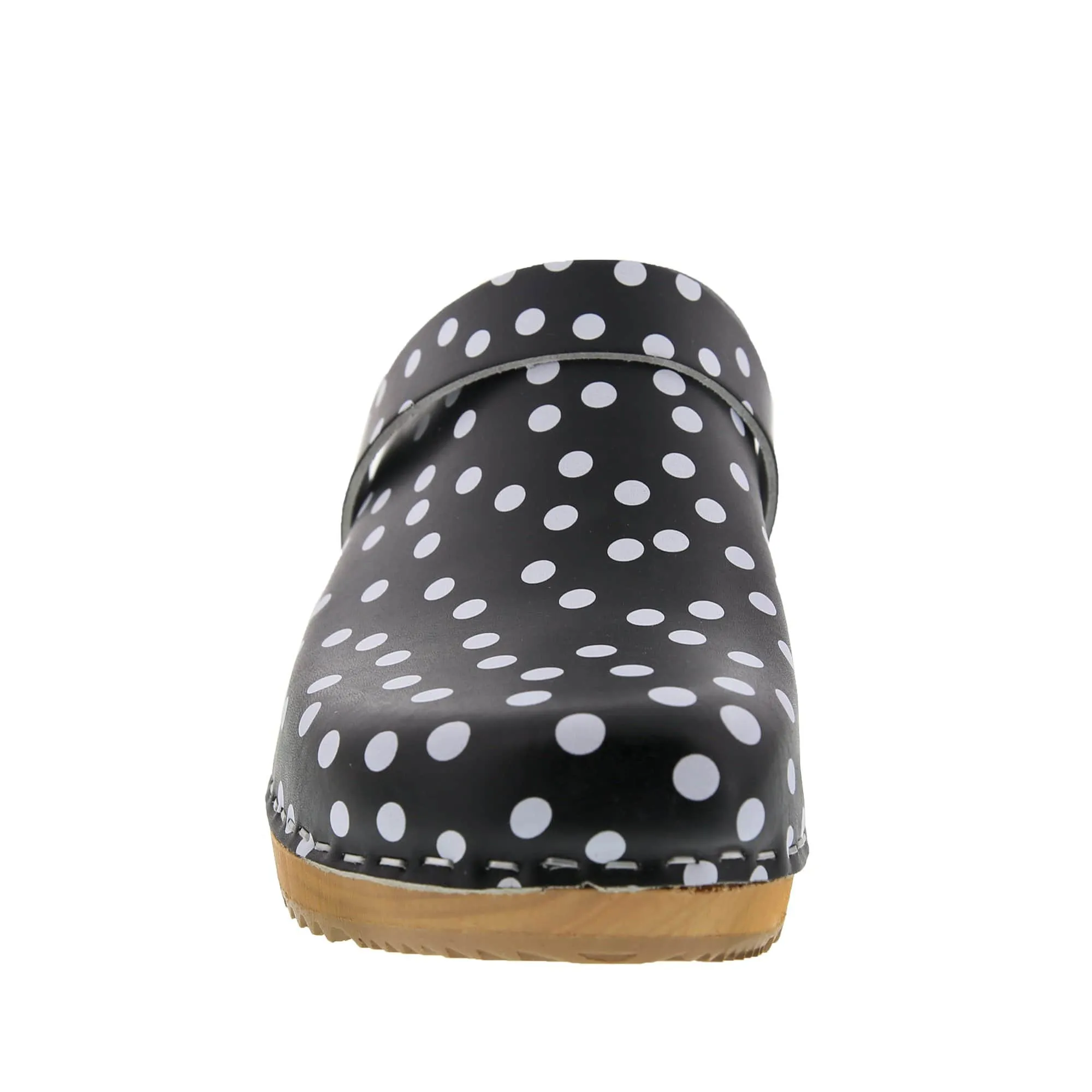 BJORK Emma Wood Open Back Black Polka Dots Leather Clogs - CLOSEOUT