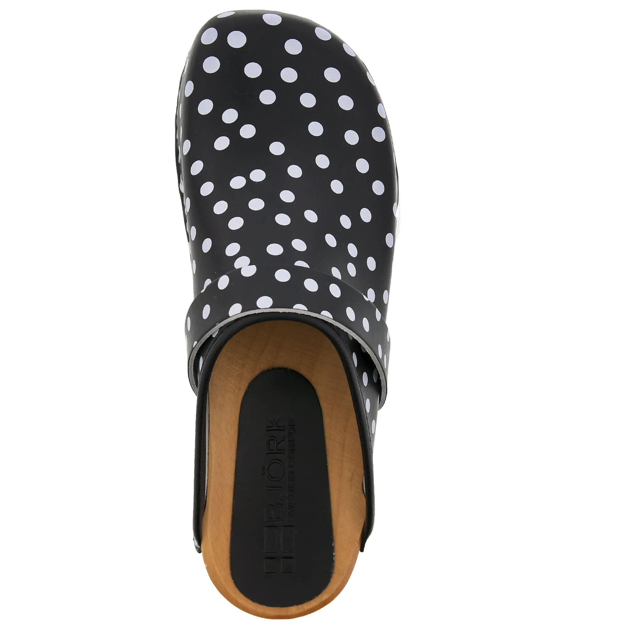 BJORK Emma Wood Open Back Black Polka Dots Leather Clogs - CLOSEOUT