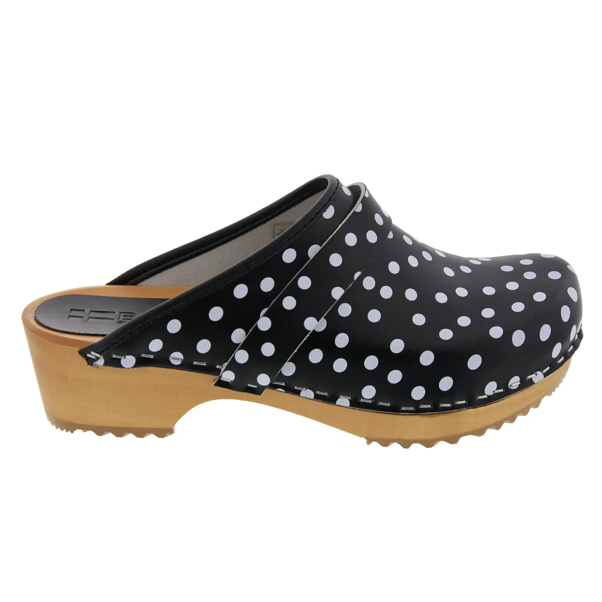 BJORK Emma Wood Open Back Black Polka Dots Leather Clogs - CLOSEOUT