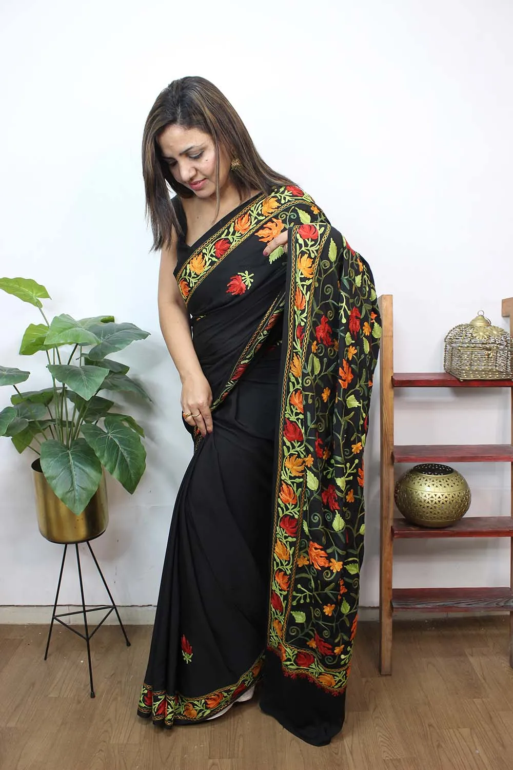 Black Embroidered Kashmiri Crepe Aari Work Saree