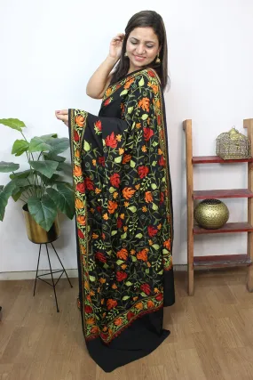 Black Embroidered Kashmiri Crepe Aari Work Saree